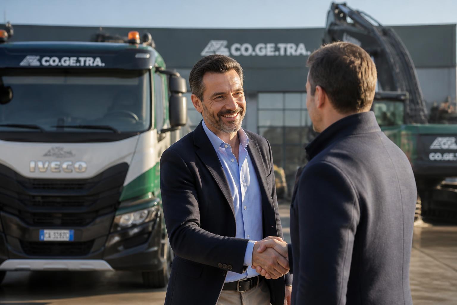 Imprenditore stringe la mano a un consulente davanti a un camion aziendale
